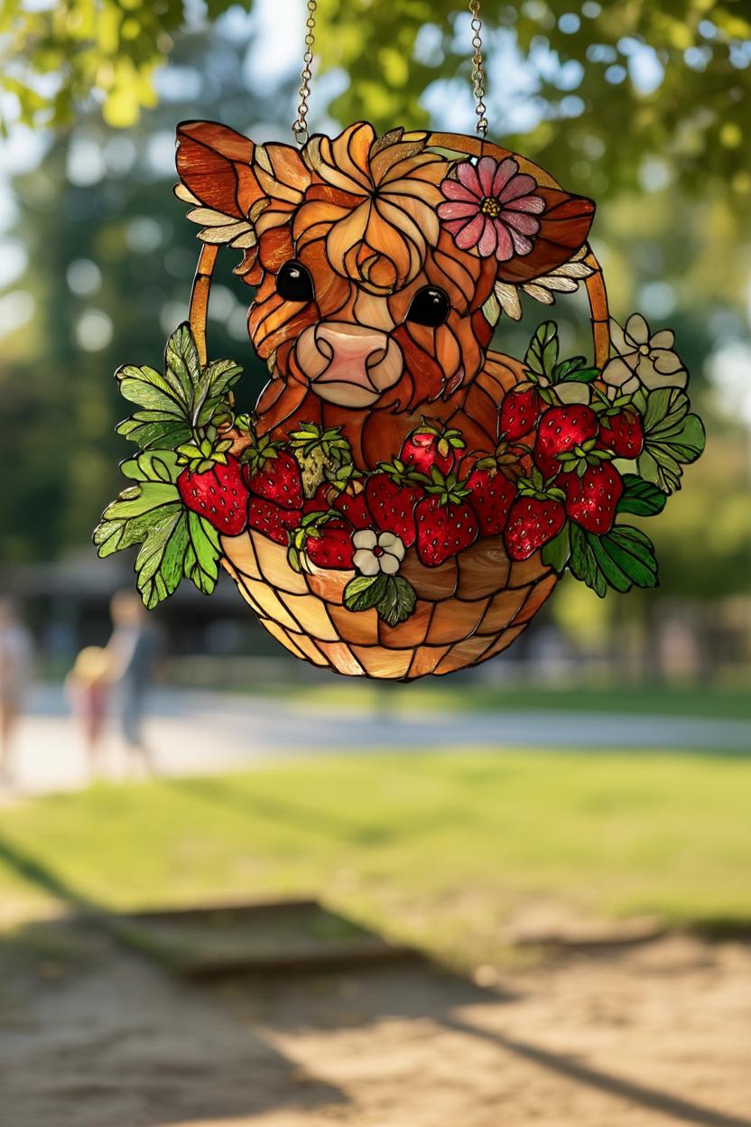 Highland Cow Strawberry Suncatcher Stained Style Farm Animal Floral Window Hanging Decor Gift for Kitchen