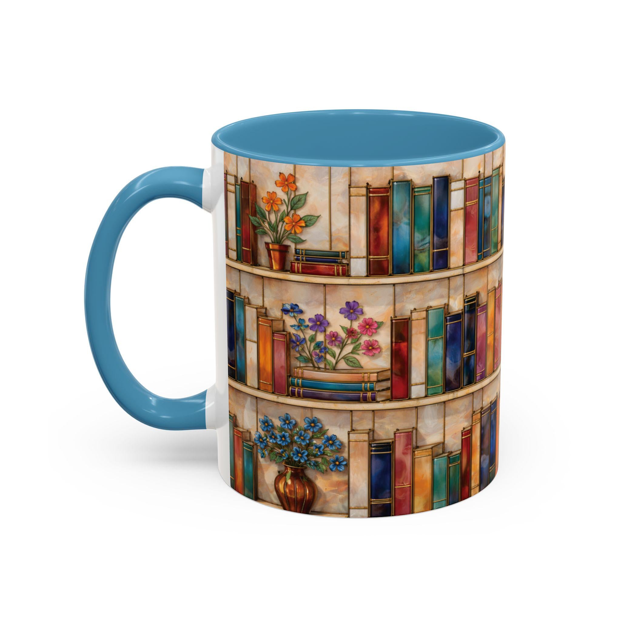 Bookshelf Coffee Mug, Floral Book Lover Gift, Bookish Stained-glass Style Mug, Modern Ceramic Mug – Elevate Your Coffee Time