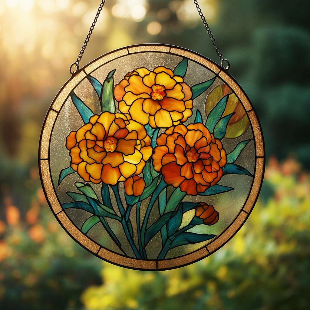 October Birth Flower Marigold Suncatcher – Stained Glass Window Hanging, Floral Home Decor, Sun Catcher Door Ornament, Gift for Her