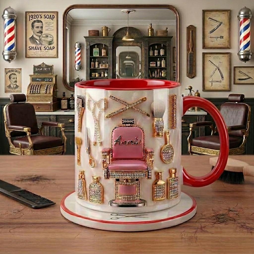 Custom Name Hairstylist Mug, Faux 3D Barber Chair Accent Drinkware, Personalized Salon Coffee Cup, Hairdresser Gift