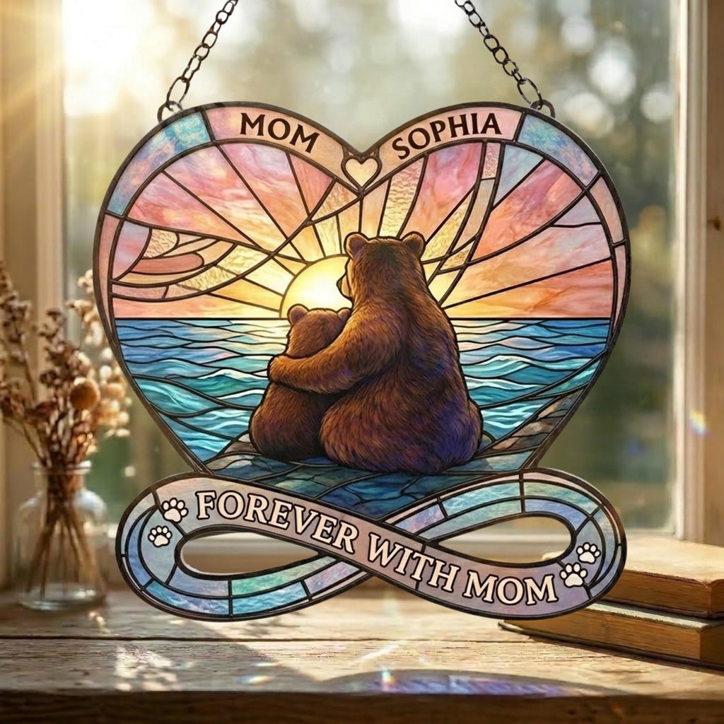 Personalized Bear Mom & Daughter Acrylic Suncatcher, Heart Acrylic Window Hanging, Mother's Day Gift, Forever With Mom Decor, Gift for Mom