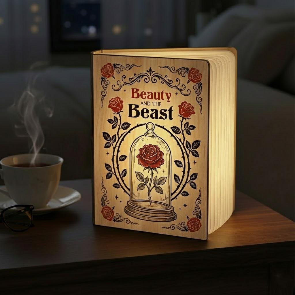 Beauty and the Beast Book Lamp, Disney Enchanted Rose Folding LED Light, Tale as Old as Time Reading Lamp, Disney Fairytale Night Light