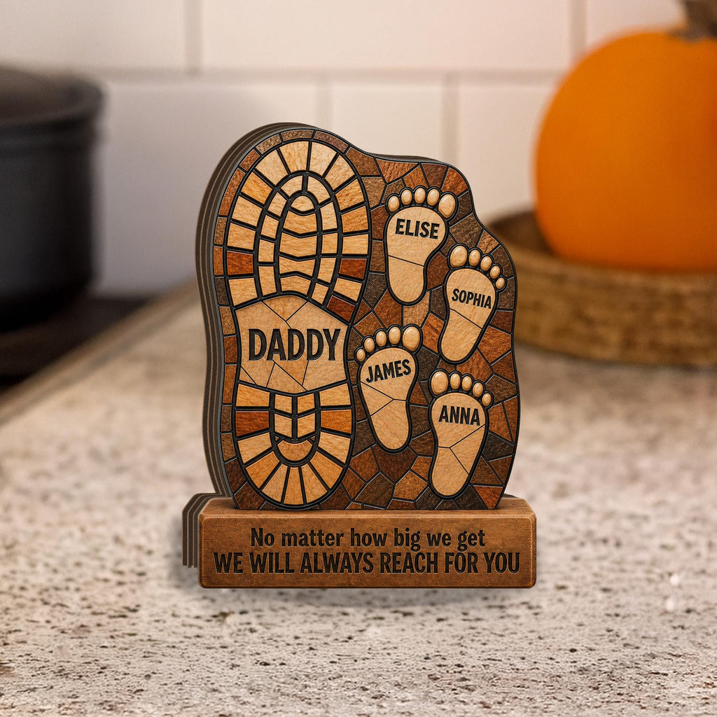 Personalized Dad Footprint Wooden Block Sculpture, Custom Wood Family Namedecor