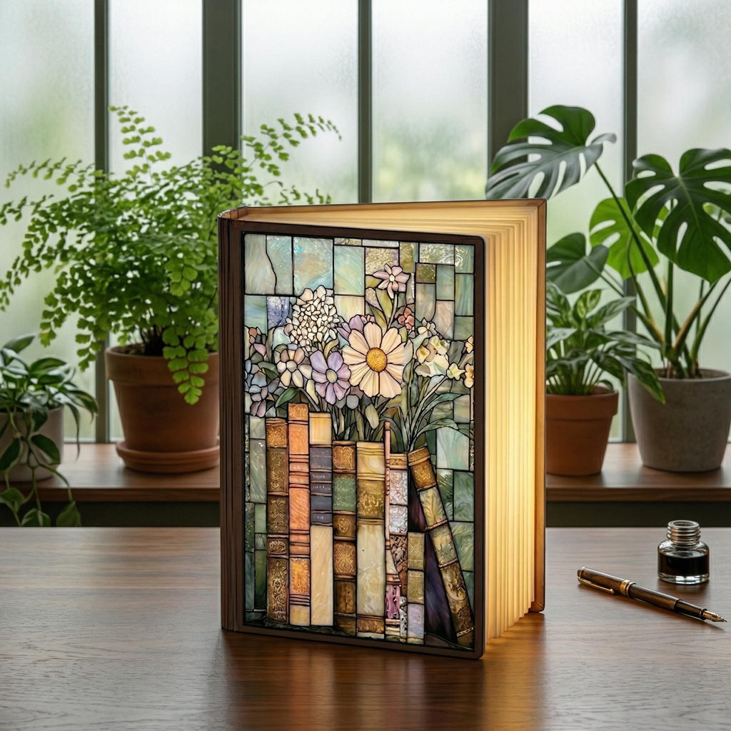 Book Lovercc, Stained Glass Bookshelf Design, LED Foldable Book Lamp, Cozy Reading Night Light, Reading Nook Lamp, Bookish Gifts