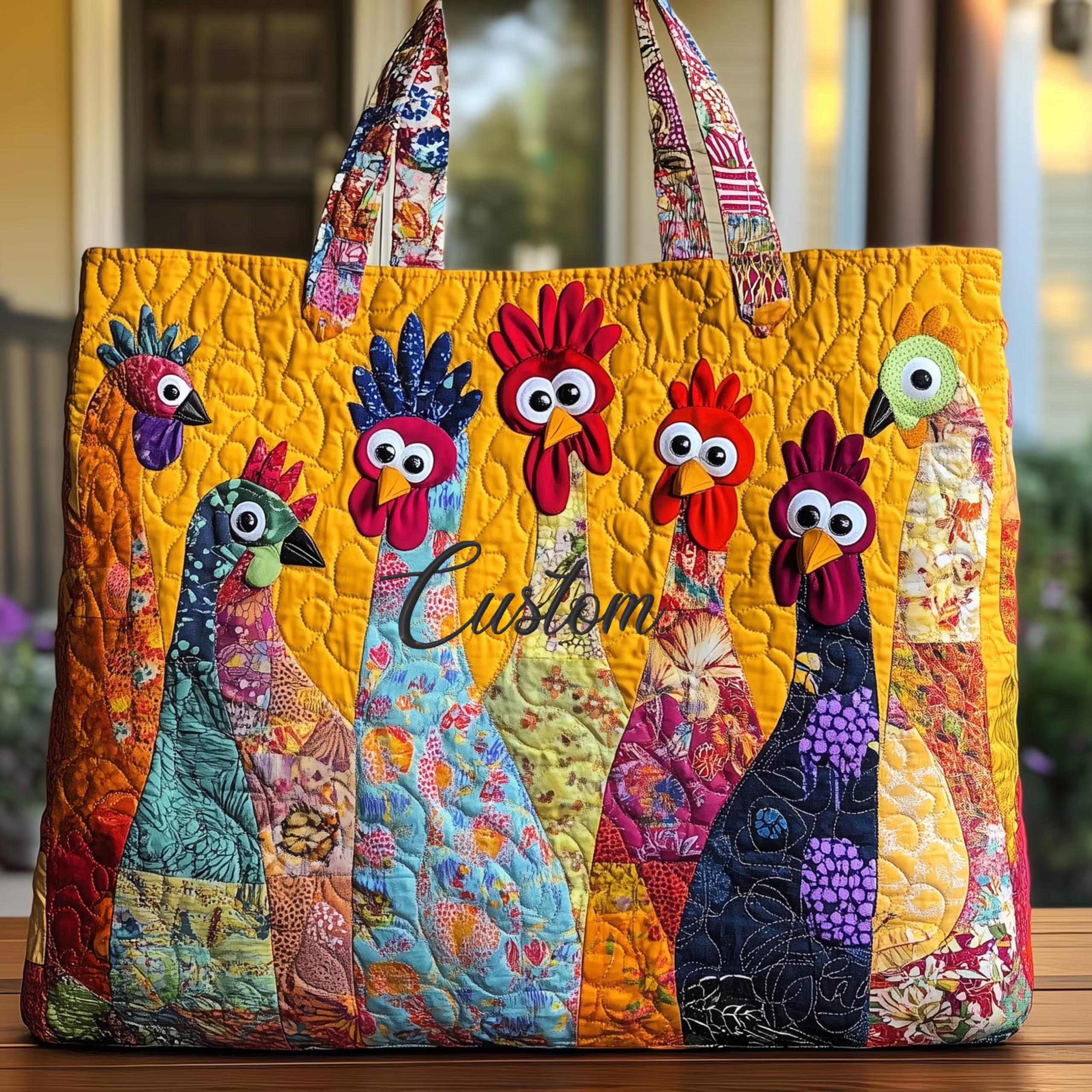 Custom Embroidered Funny Chickens Shoulder Bag With Name, Personalized Quilted Bag, Gift for Farmer, Gift for Chicken Lover, Gardener Gift