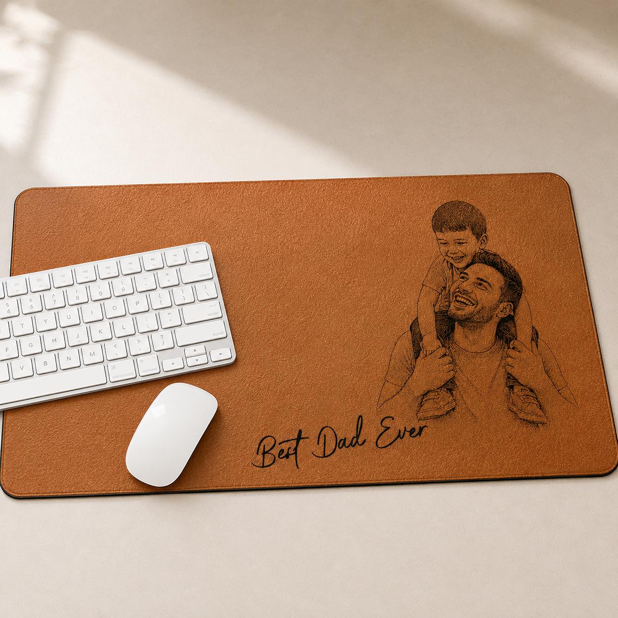 Custom Photo Sketch Line Art Leather Desk Mat, Fathers Day 2026 Gift for Husband, Personalized Daddy Kid Picture Mouse Pad Office Decor