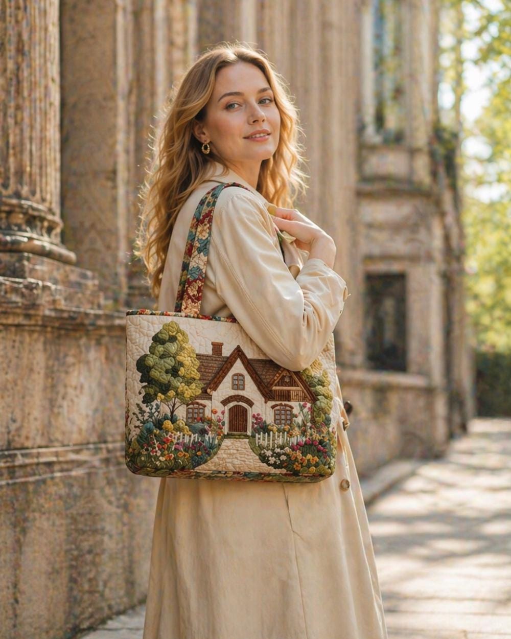 Cottage Garden Quilted Tote Bag, Embroidered House Floral Handbag, Cottagecore Aesthetic Fabric Tote, Vintage Style Gift for Mom