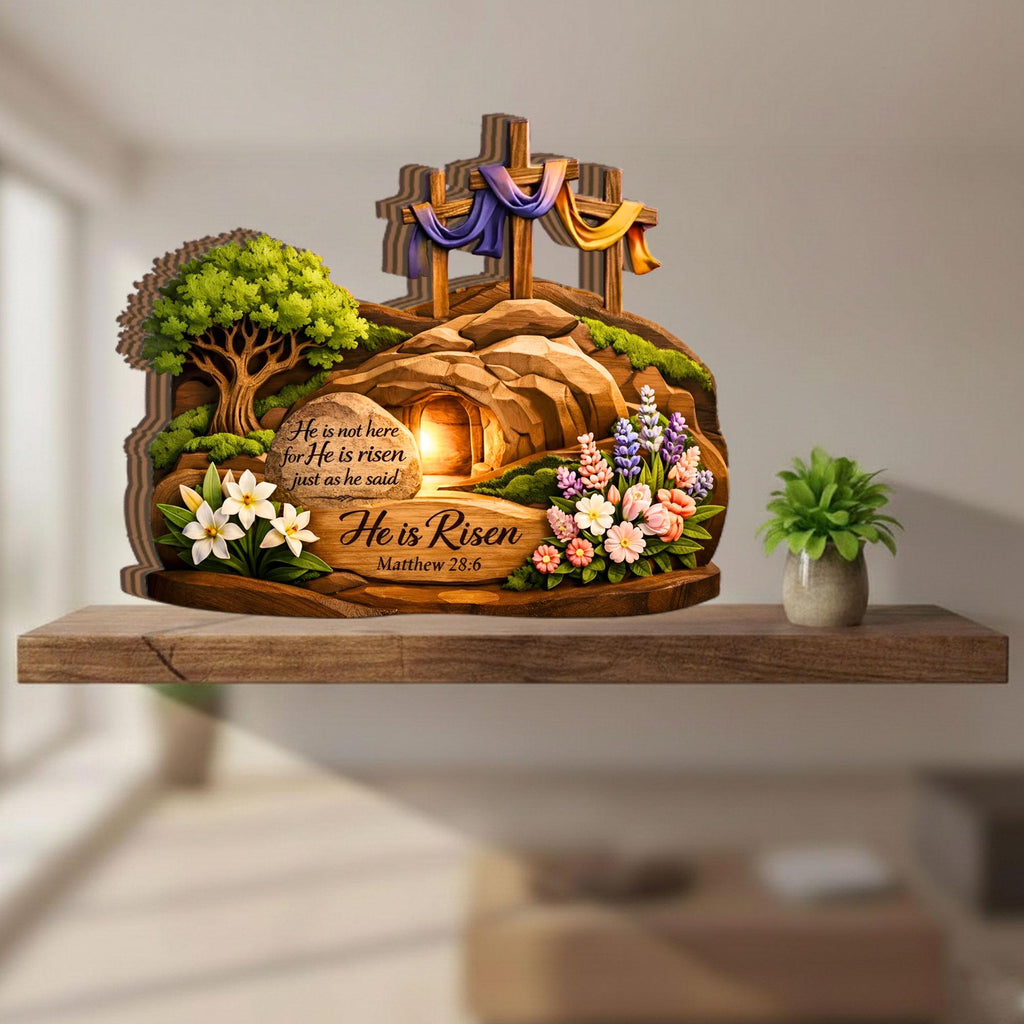 He is Risen Easter Wooden Block Decor, Empty Tomb Religious Tabletop Sign, Christian Resurrection Scene, Matthew 28_6 Scripture Wood Gift
