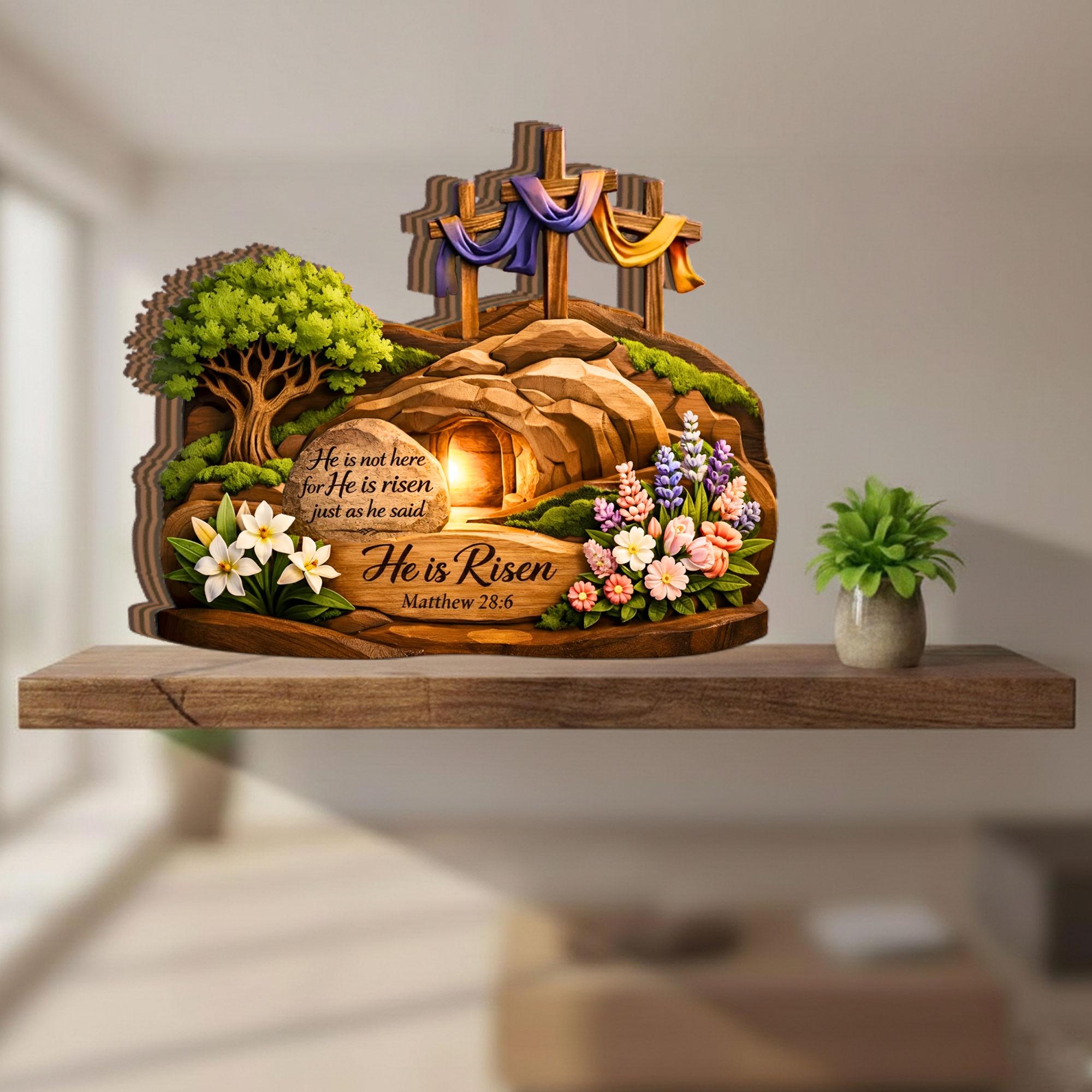 He is Risen Easter Wooden Block Decor, Empty Tomb Religious Tabletop Sign, Christian Resurrection Scene, Matthew 28_6 Scripture Wood Gift