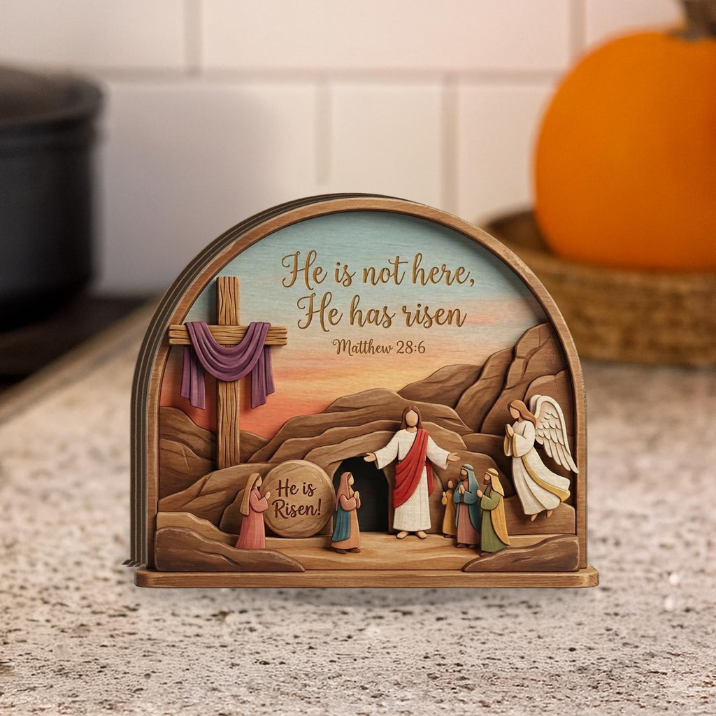 He is Risen Easter Decoration, Wooden Cross Tabletop Ornament, He is Risen Wood Sign_ Jesus Resurrection Scene, Easter Decor