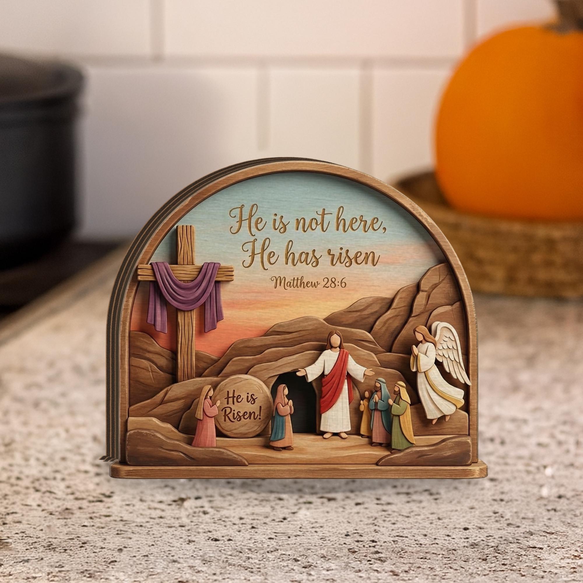 He is Risen Easter Decoration, Wooden Cross Tabletop Ornament, He is Risen Wood Sign_ Jesus Resurrection Scene, Easter Decor