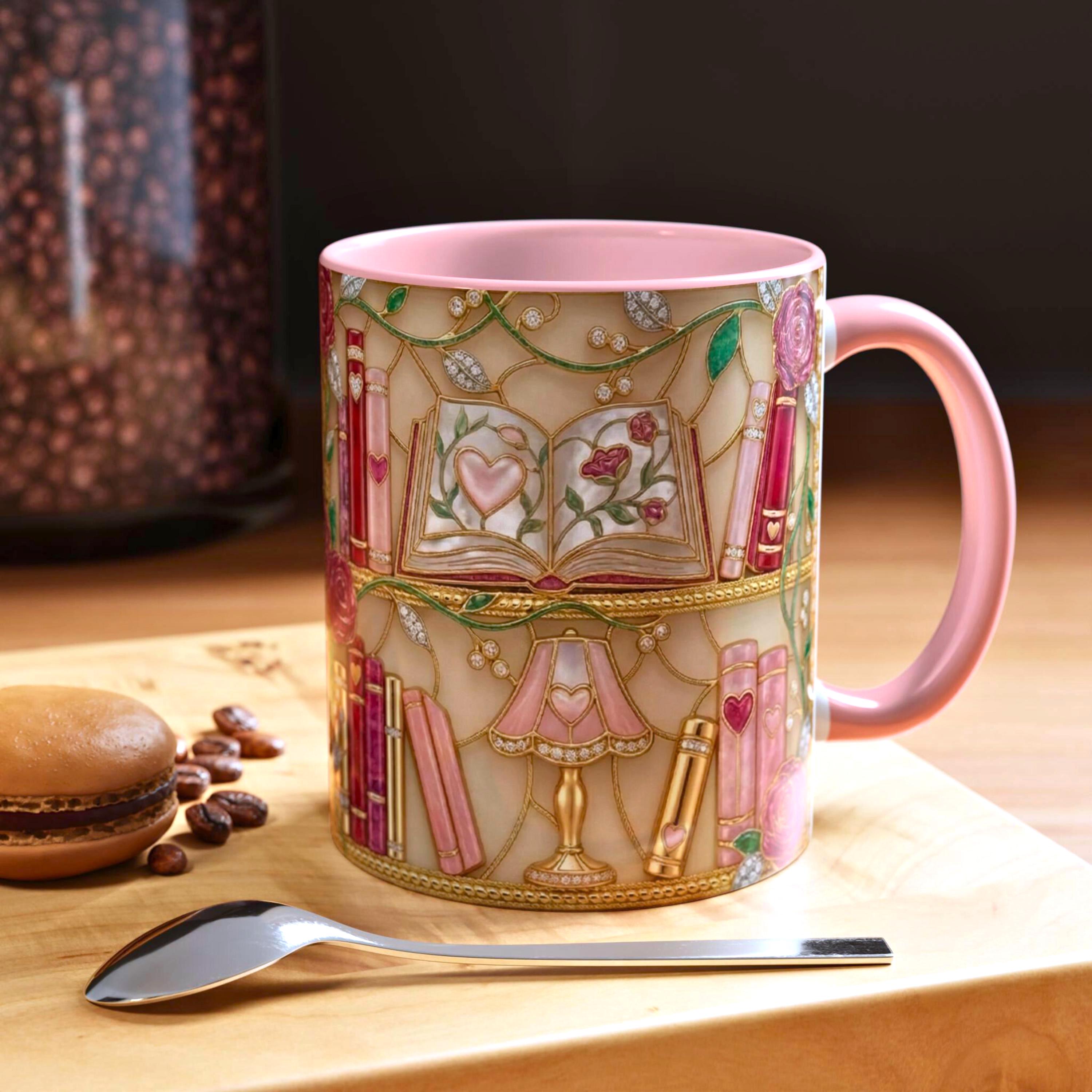 Stained Glass Book Lover Mug, Bookish Floral Coffee Mug, Vintage Bookshelf Art Mug, Reader Gift Mug