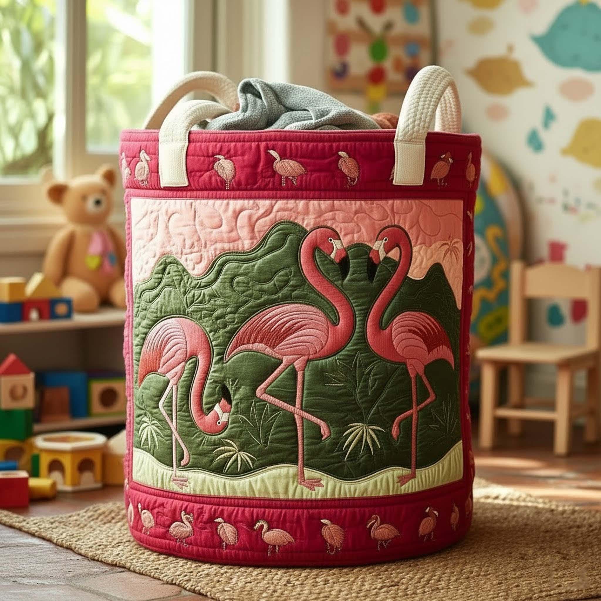 Flamingo Quilted Laundry Basket Hamper, Tropical Pink Bird Clothes Storage Bin, Large Dirty Laundry Organizer, Gift for Her Beach Lover
