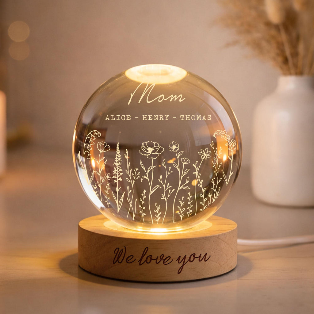 Personalized Mom Wildflower Crystal LED Ball, Floral Grandma With Kids Name Night Light, Gift for Mom, Grandma,mother's Day Gift,family Gift