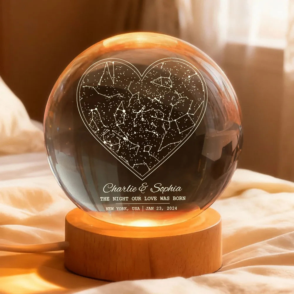 Star Map By Date Couple - Personalized Crystal Ball LED Night Light, Personalized Magical Gift for Her/Him Birthday, Anniversary Memorial Keepsake Night Lamp Decor