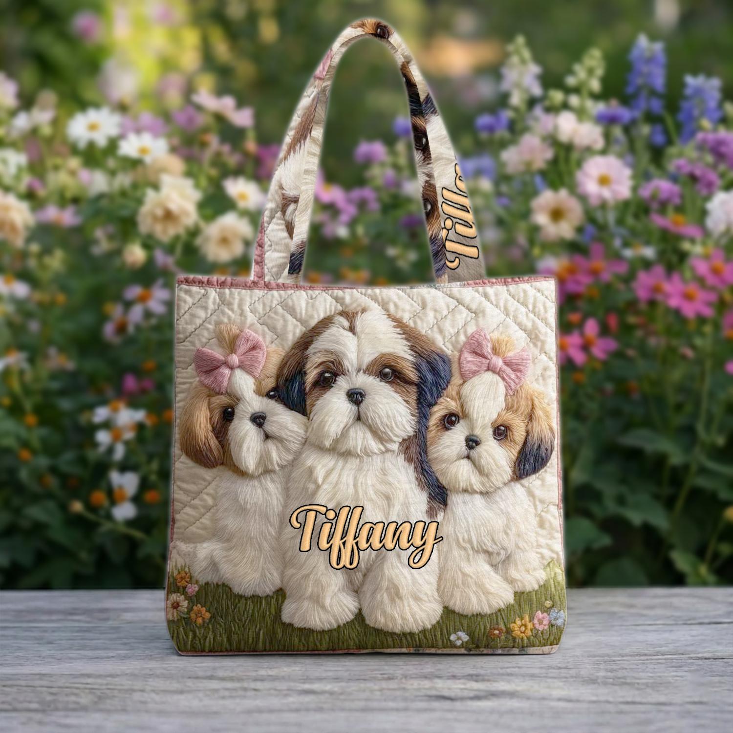 Personalized Shih Tzu Quilted Tote Bag, Custom Dog Lover Shoulder Bag, Cute Puppy Tote, Reusable Grocery Bag, Gift for Shih Tzu Mom