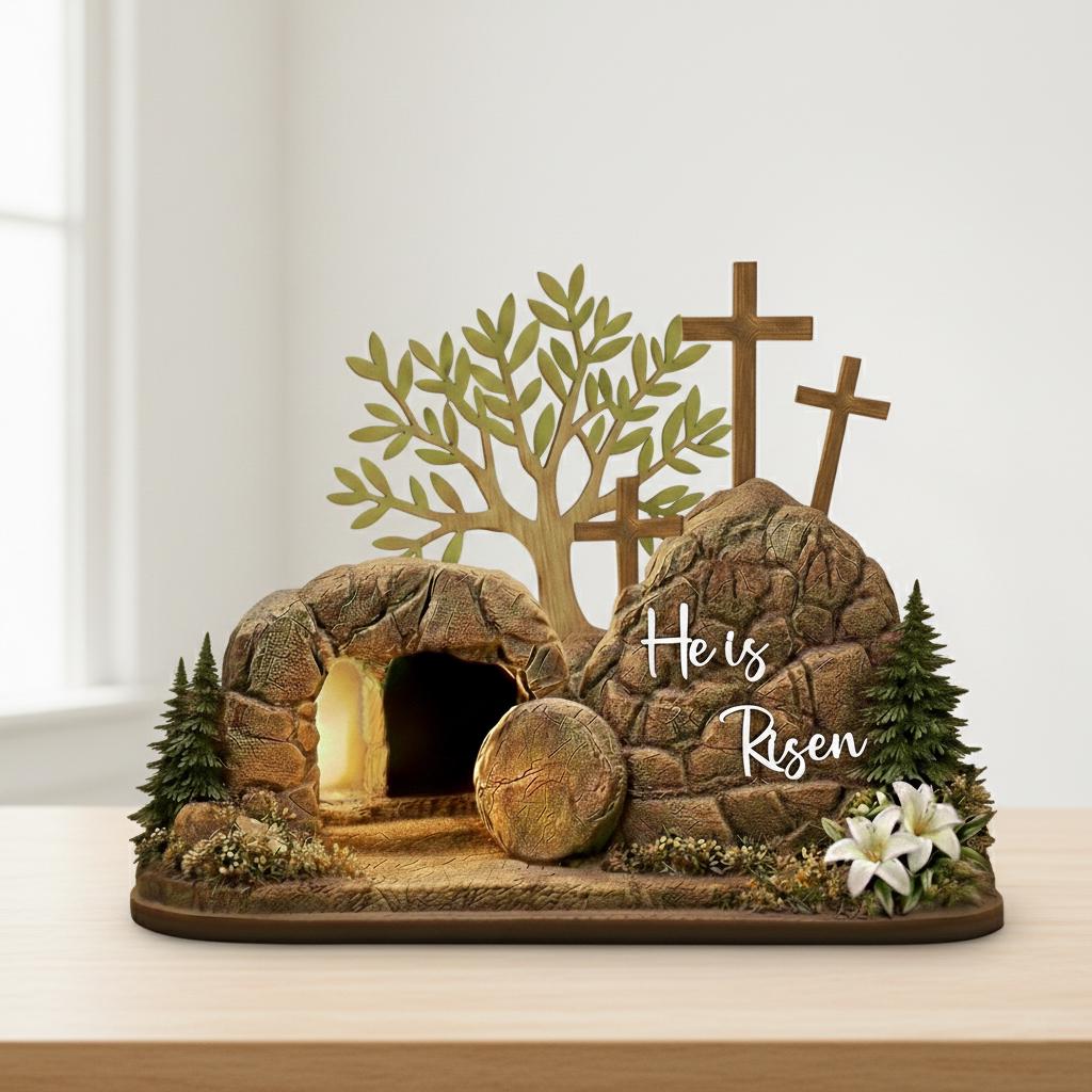 He is Risen Easter Wooden Decor, Christian Resurrection Empty Tomb Scene, Handmade Religious Cross Egg Ornament, Faith Easter Home Gift