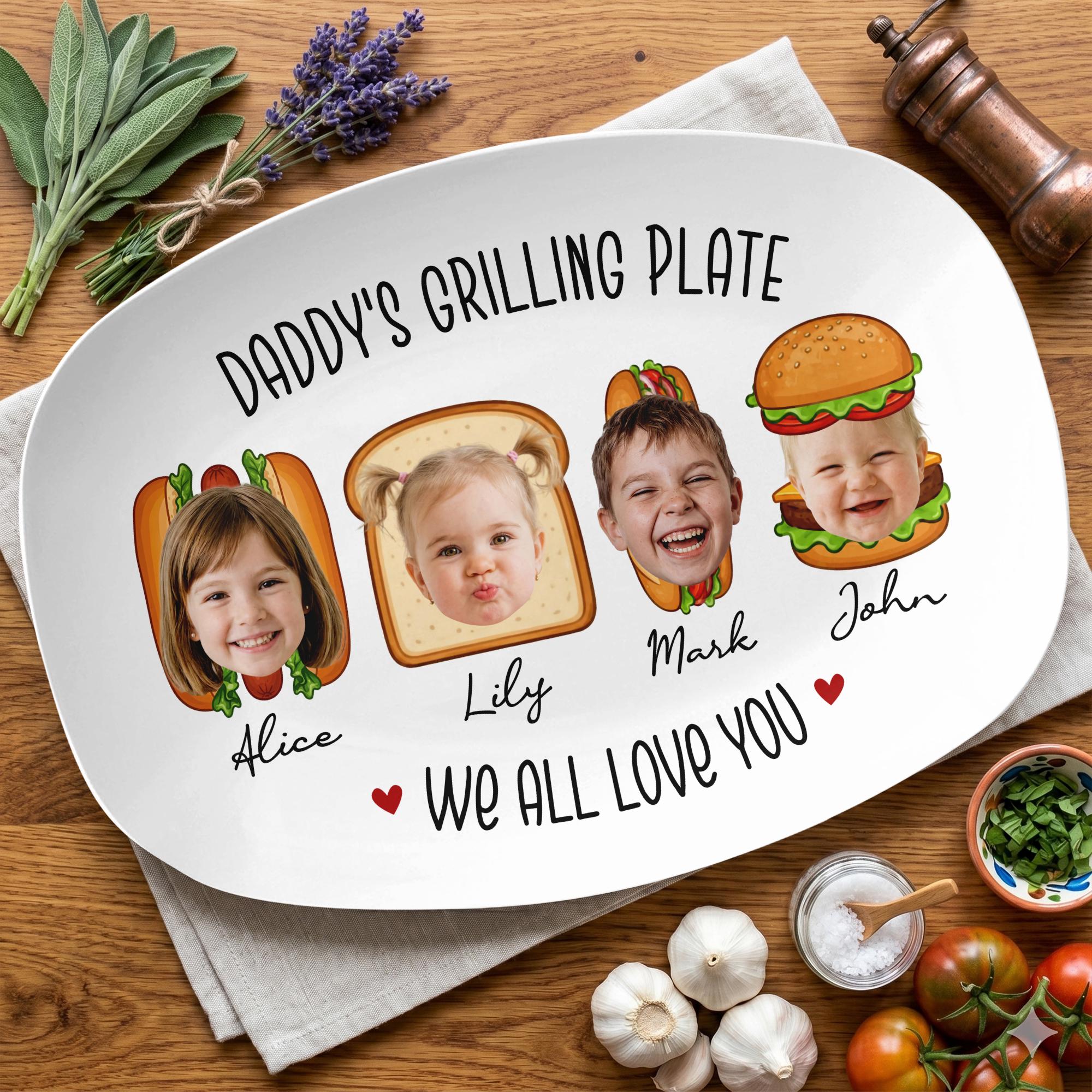 Personalized Daddy's Grilling Plate, Custom Dad’s Grilling Platter With Kid Faces, Gift for Dad From Kids, BBQ Serving Tray, Father’s Day