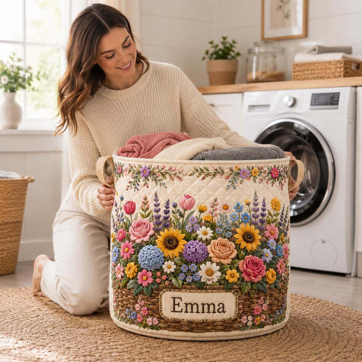 Personalized Floral Quilted Laundry Hamper, Botanical Nursery Storage Bin, Custom Name Laundry Basket, Garden Room Organizer