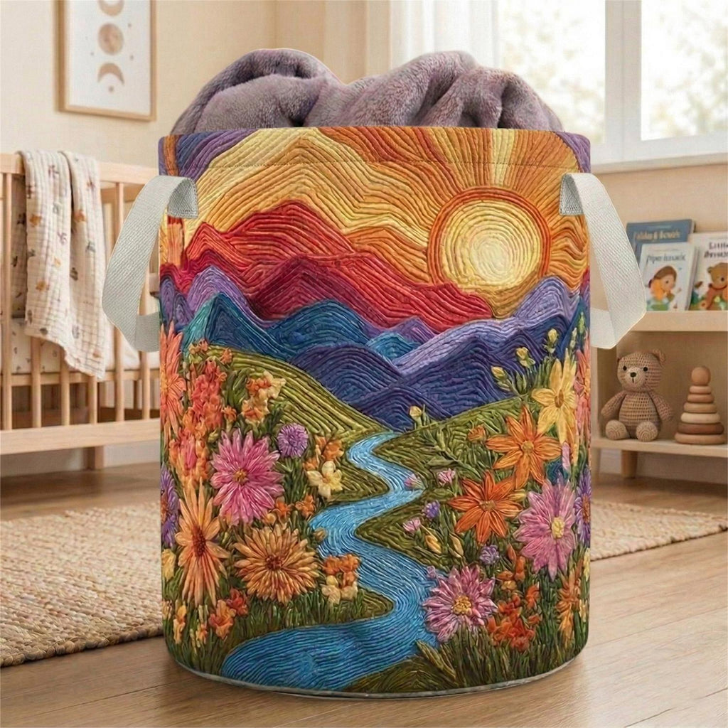 Boho Floral Laundry Basket With Mountain Sunset Design, Large Clothes Hamper, Colorful Home Storage Basket Decor, Floral Mountain Hamper