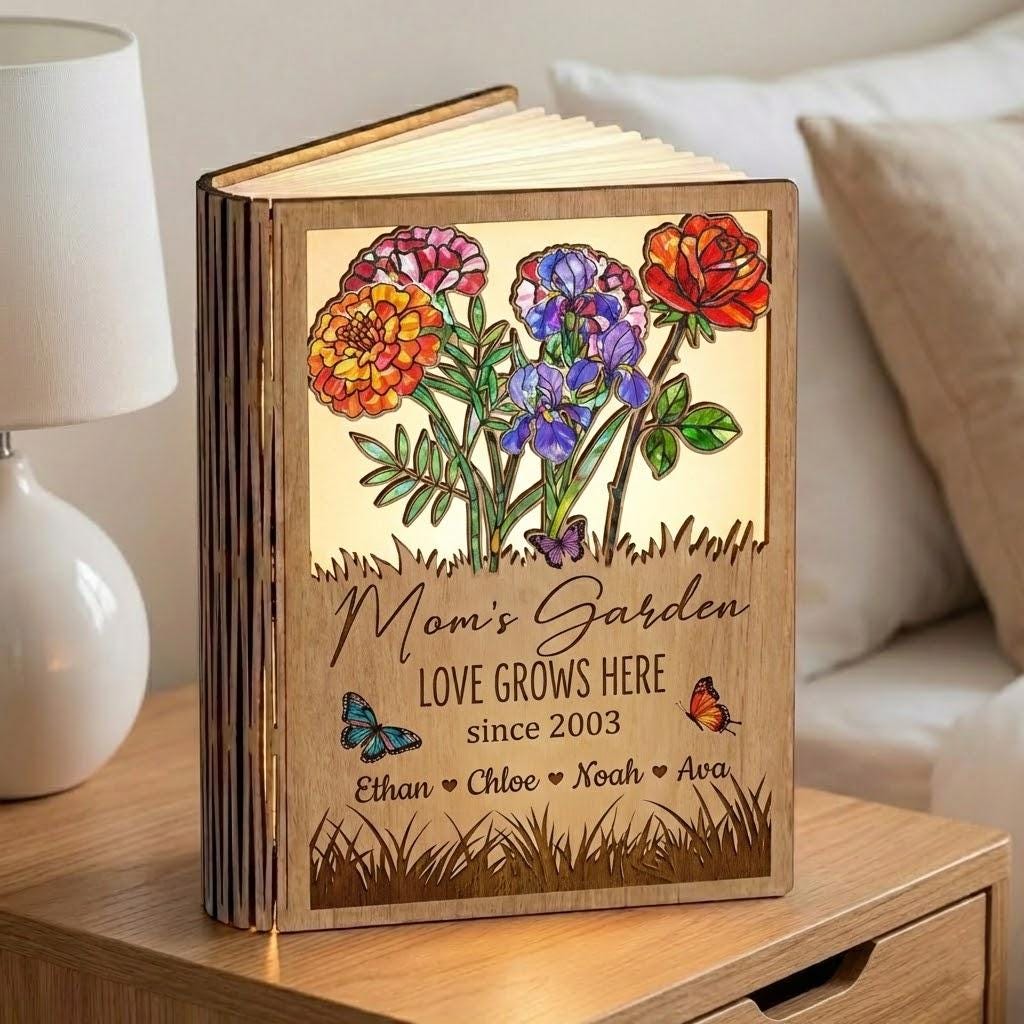 Personalized Mom's Garden Book Lamp, Custom Kid Names Birth Month Flower Reading Lamp, Love Grows Mom's Garden Book Lamp