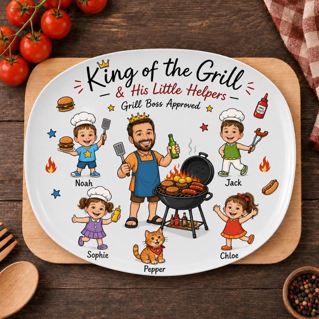 Personalized Face Grilling Platter, Custom Daddy's Grilling Plate With Kids' Names, Father's Day Gift From Grandkids, Funny Gift for Dad