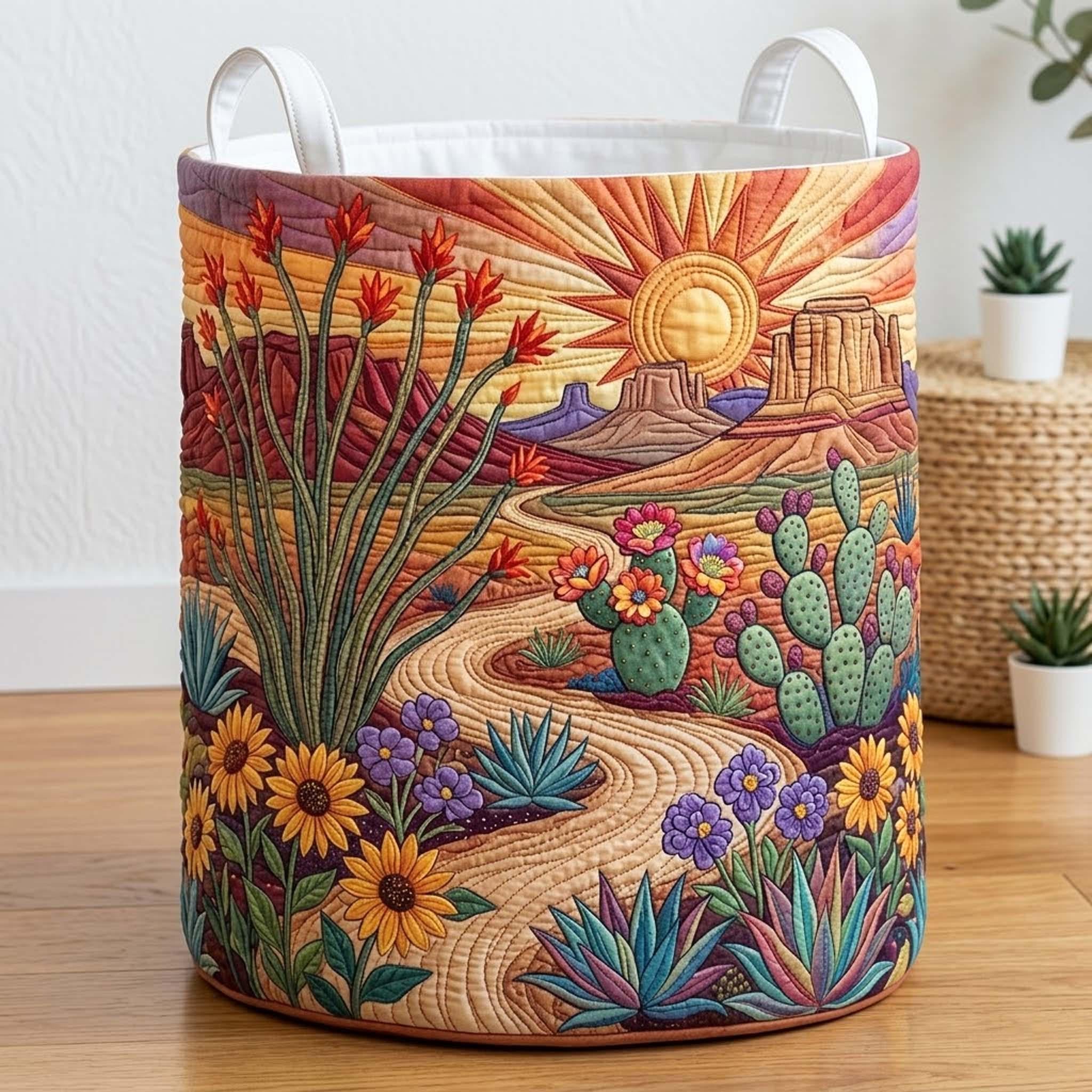 Sunrise Cactus Quilted Laundry Basket_ Daybreak Dune Hamper, Natural Lover Storage Bin