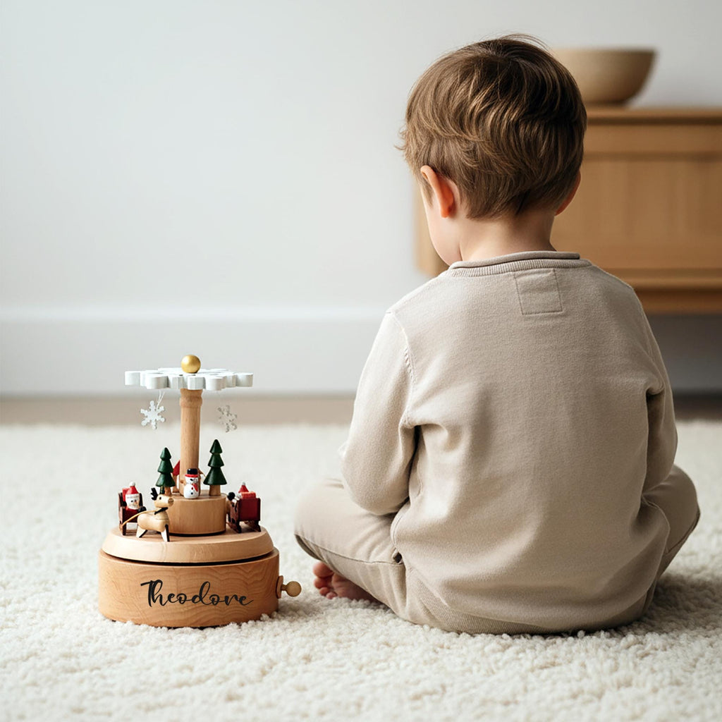 Christmas Wooden Carousel Baby Name Music Box – Personalized Newborn Xmas Keepsake Gift