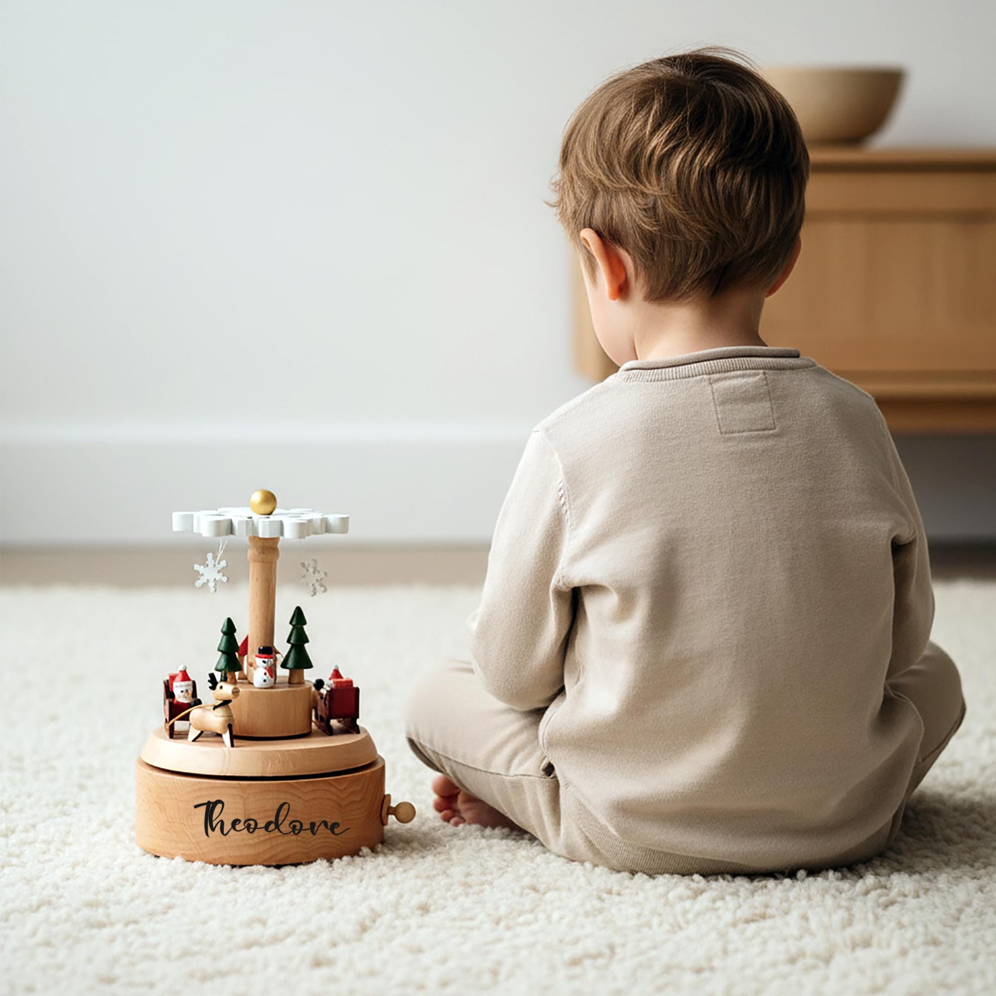 Christmas Wooden Carousel Baby Name Music Box – Personalized Newborn Xmas Keepsake Gift