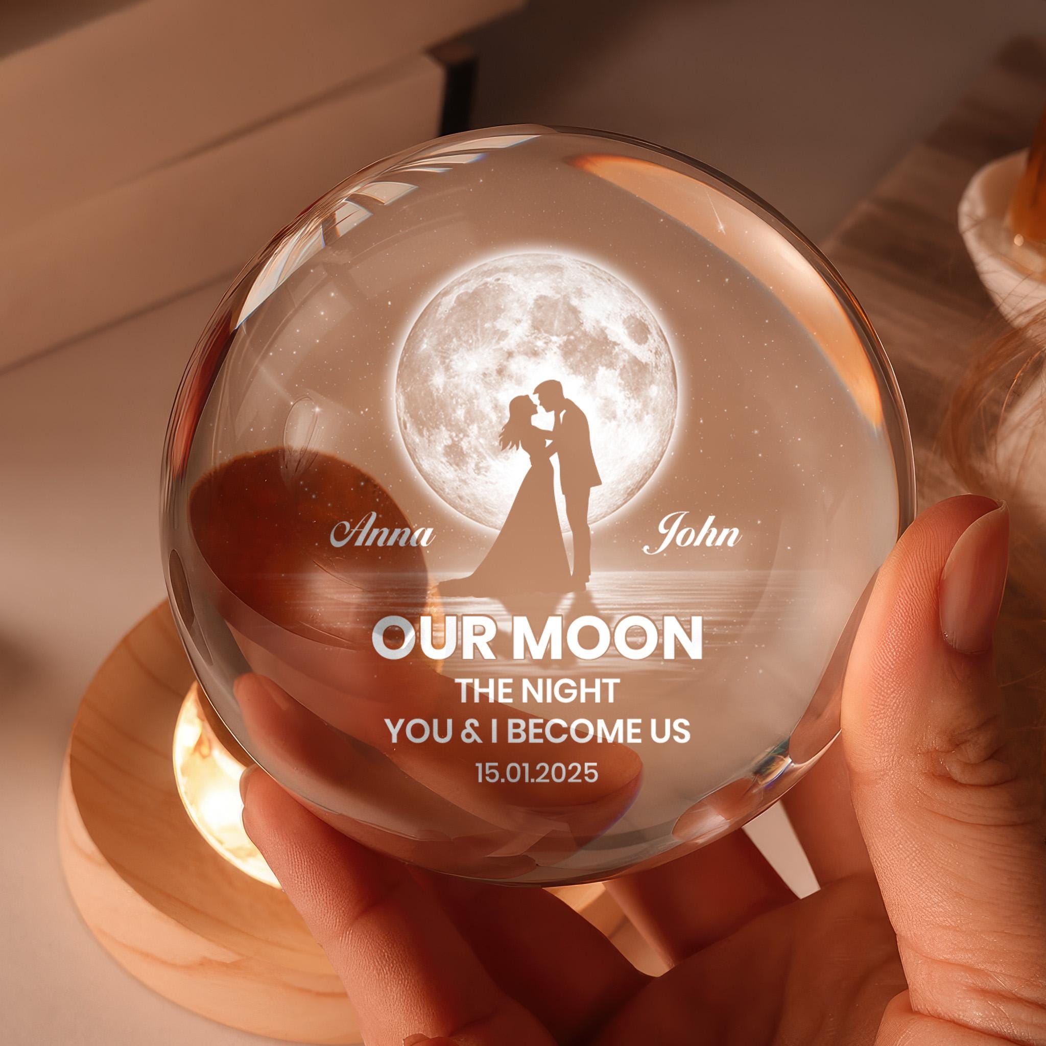 Our Moon Special Date, Custom Moon Phase by Date, Personalized Crystal Ball Night Light, Heartfelt Anniversary Gift Wife Husband Her 12125