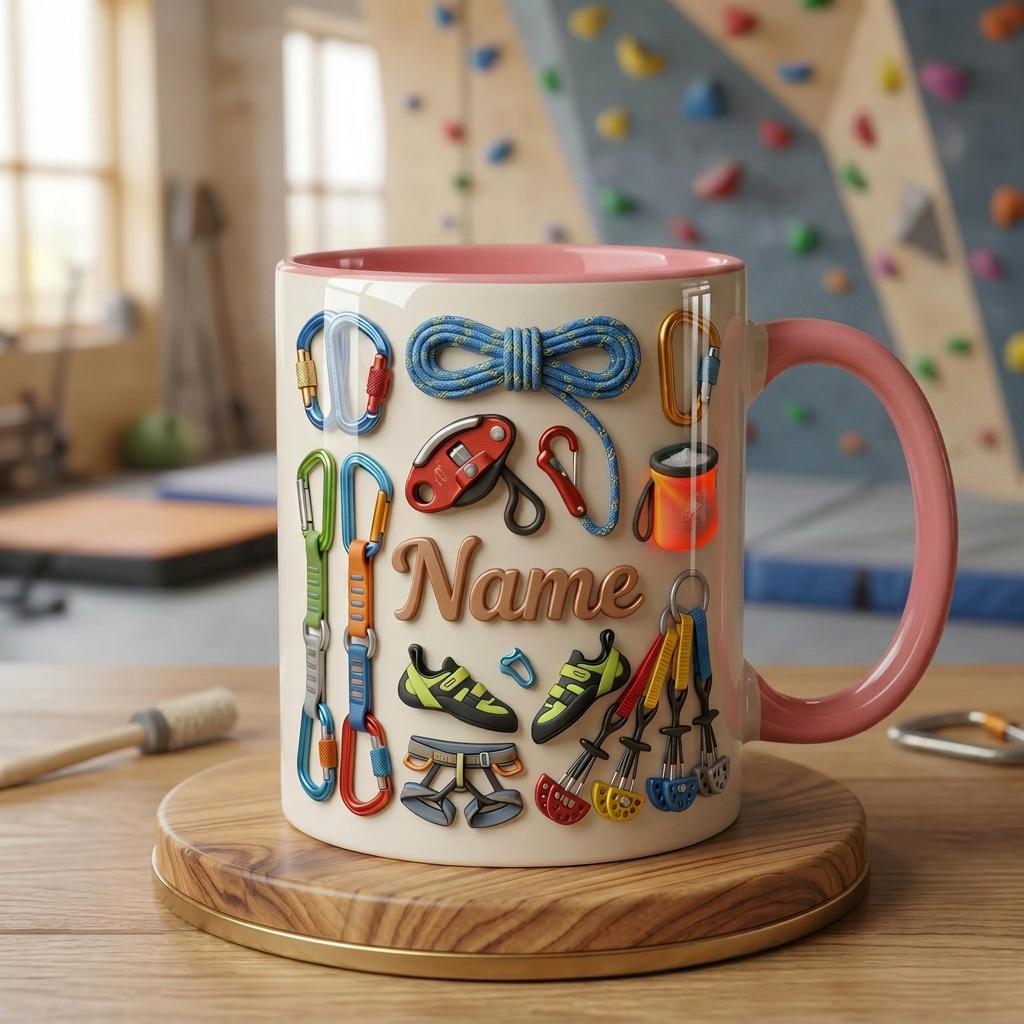 Custom Name Rock Climbing Mug, 3D Faux Climbing Coffee Cup, Personalized Climber Gift, Mountain Adventure Mug