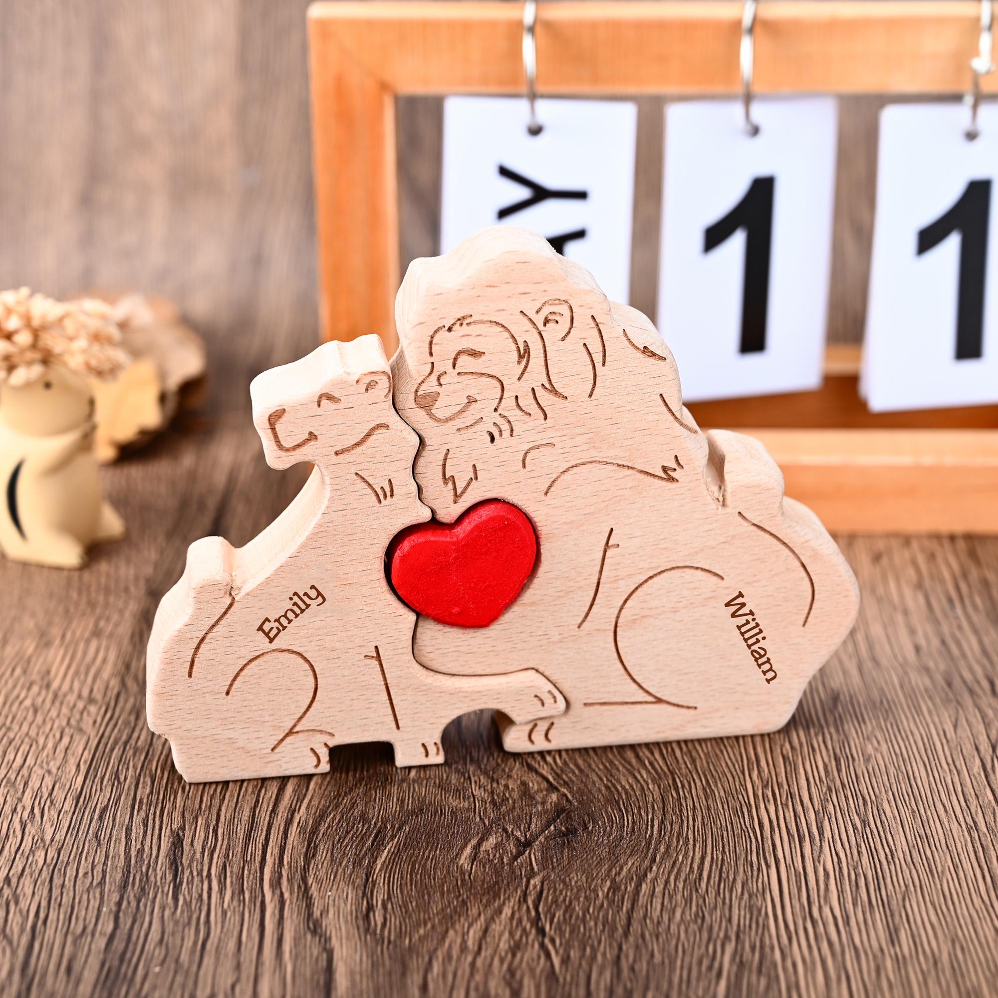 Wooden Lion Family Puzzle, Family Name Engraved Puzzle, Gift for New Parents, Lion Home Decor, Christmas Family Gift for Mom Dad Grandma