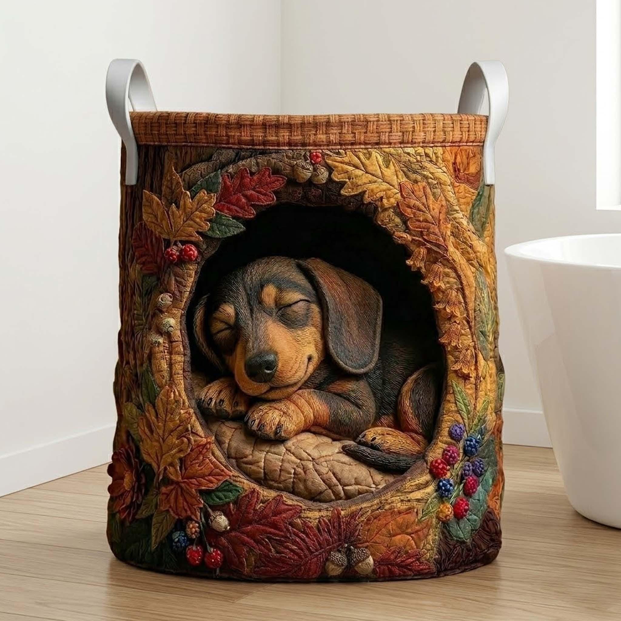 Dachshund Quilted Laundry Basket, Fall Vibe Dog Lover Hamper, Family Storage Bin, Cozy Autumn Pet Room Decor