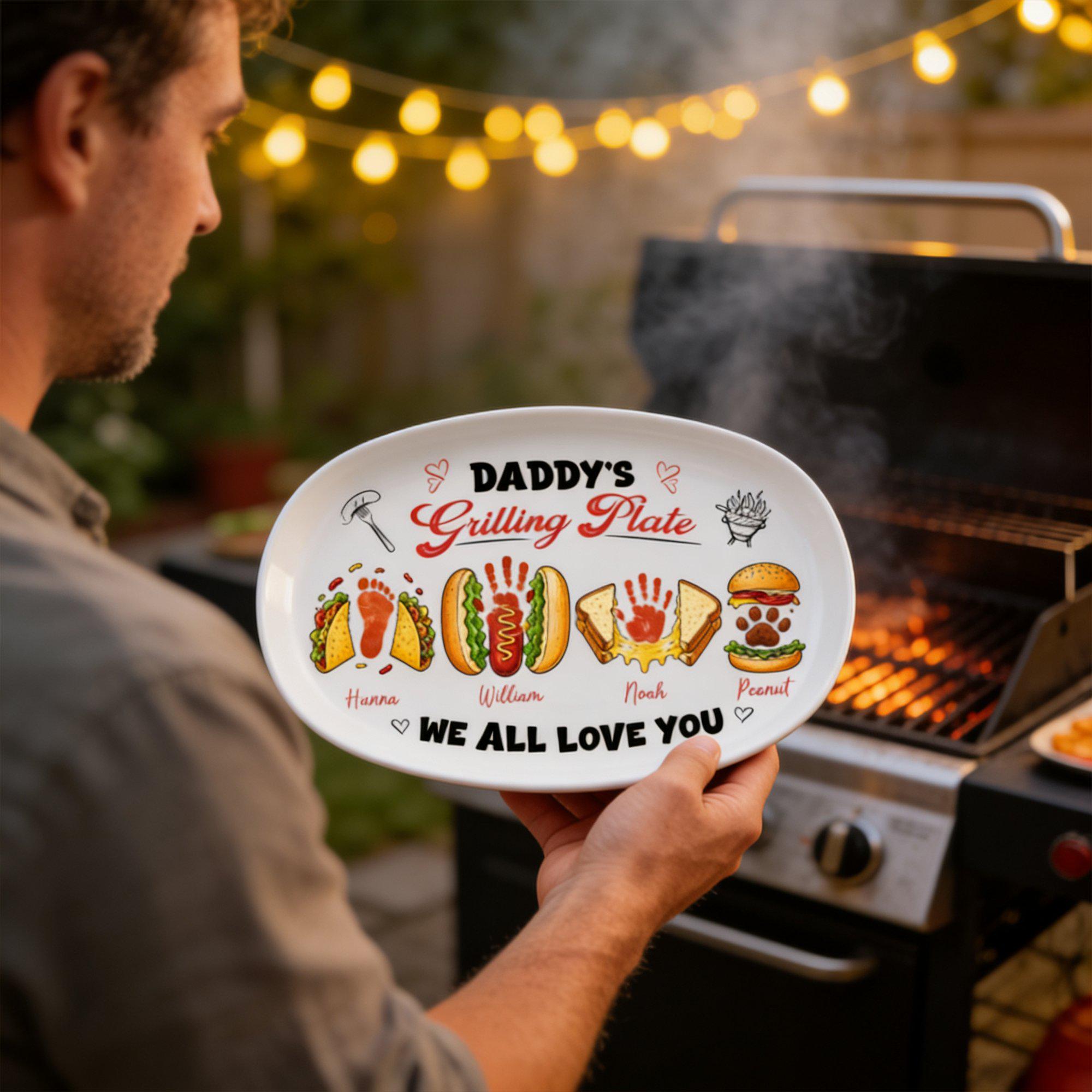 Custom Burger Hot Dog Handprint Footprint Platter, Personalized Grilling Plate Bbq Gift From Kids, Daddy's Grilling Plate Bbq Serving Tray