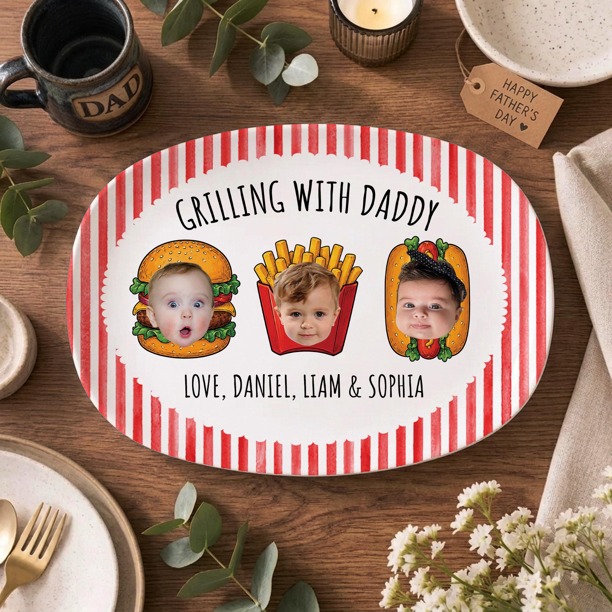 Custom Father’s Day Gift for Dad From Kids, Personalized Striped Dad’s Grilling Platter With Kid Faces, Dad Grilling Plate for Kitchen Decor