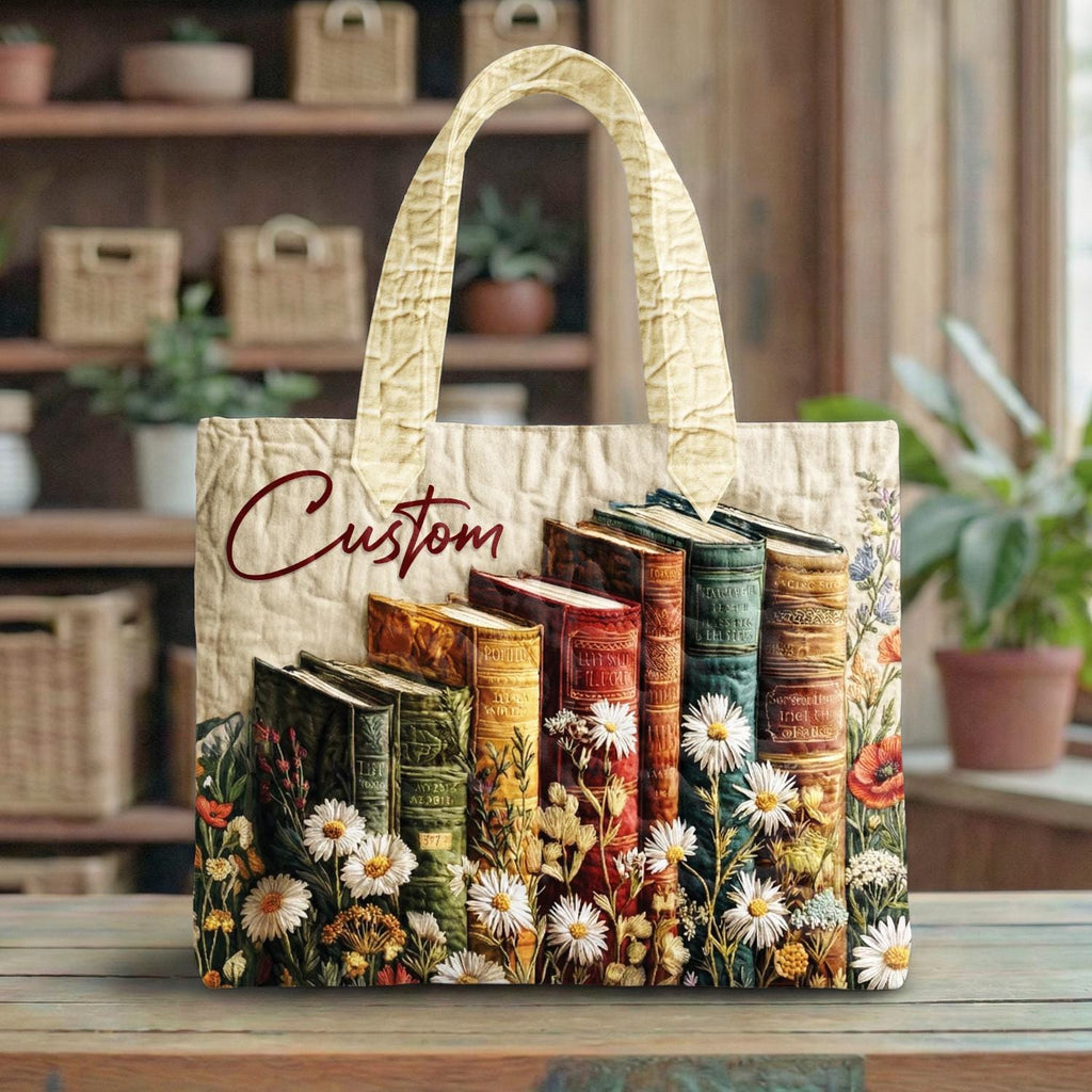 Floral Book Tote Bag, Book Stack Quilted Tote, Cottagecore Book Lover Bag, Vintage Floral Tote, Reading Lover Gift for Her