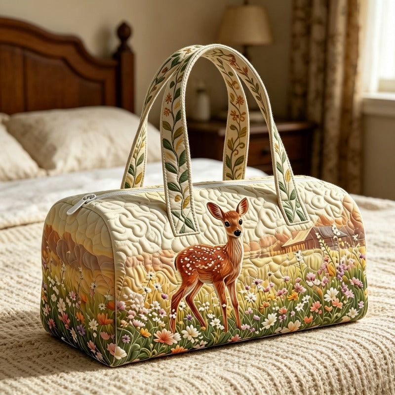 Quilted Deer Duffle Bag, Unisex Travel Bag for Women Men, Flat Printed Bohemian Weekender Handbag, Lightweight Overnight Bag