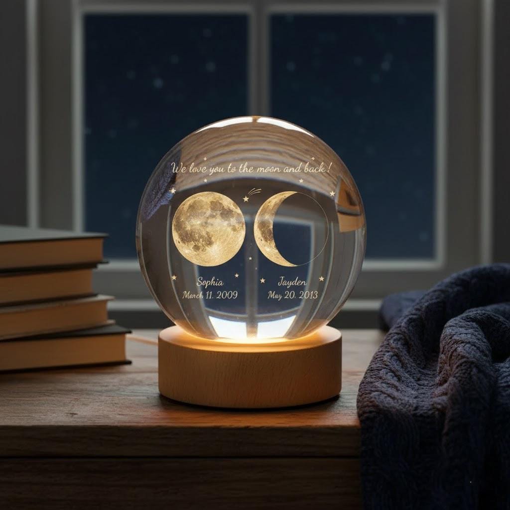 Personalized Moon Phase Kids Name Crystal Ball LED Night Light, Custom Moon Phase Lamp, Mother’s Day Gift, Children Name Keepsake Decor