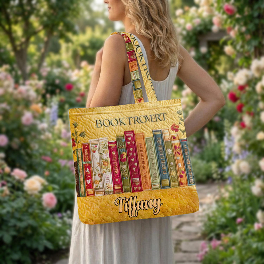 Custom Name Booktrovert Quilted Tote Bag, Personalized Book Lover Gift, Aesthetic Reader Shoulder Bag, Library Tote, Bibliophile Gift