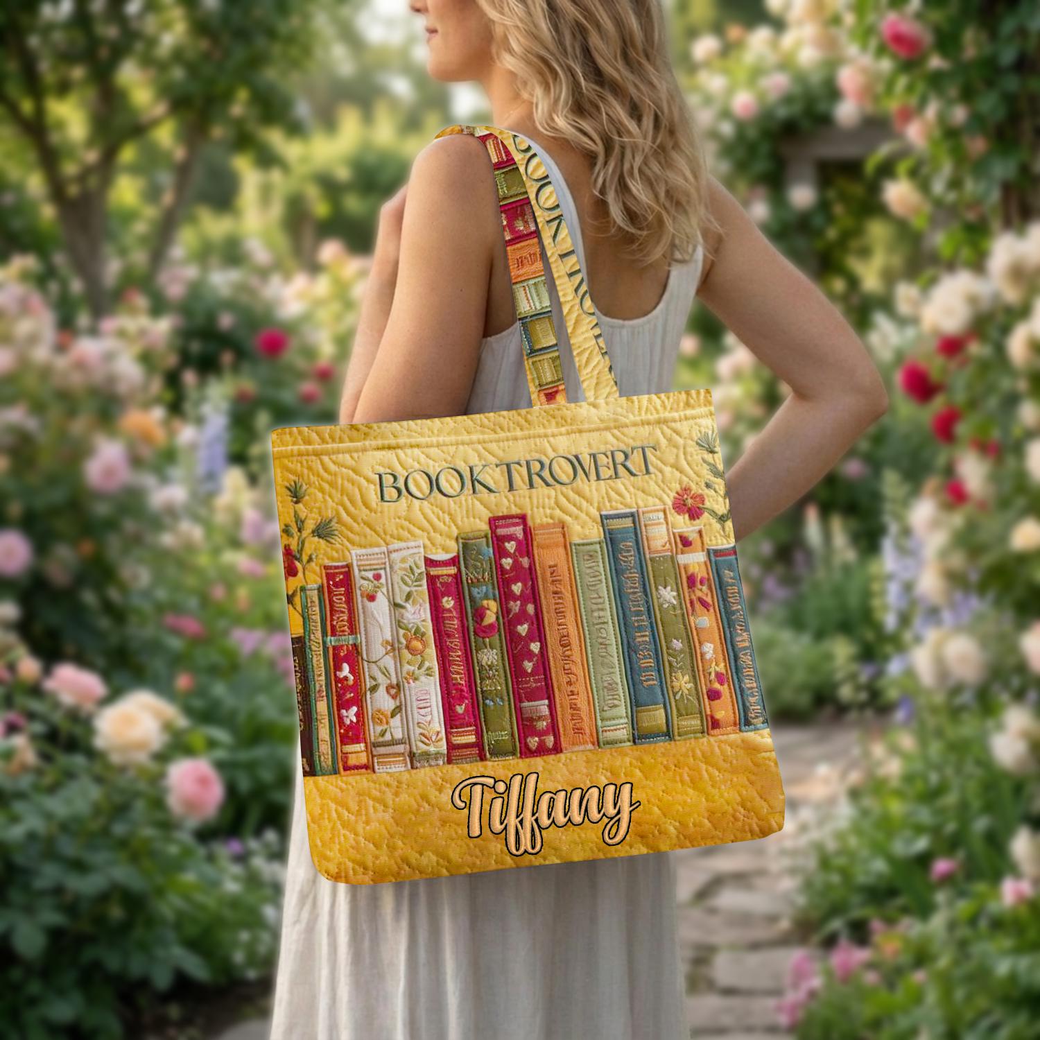 Custom Name Booktrovert Quilted Tote Bag, Personalized Book Lover Gift, Aesthetic Reader Shoulder Bag, Library Tote, Bibliophile Gift