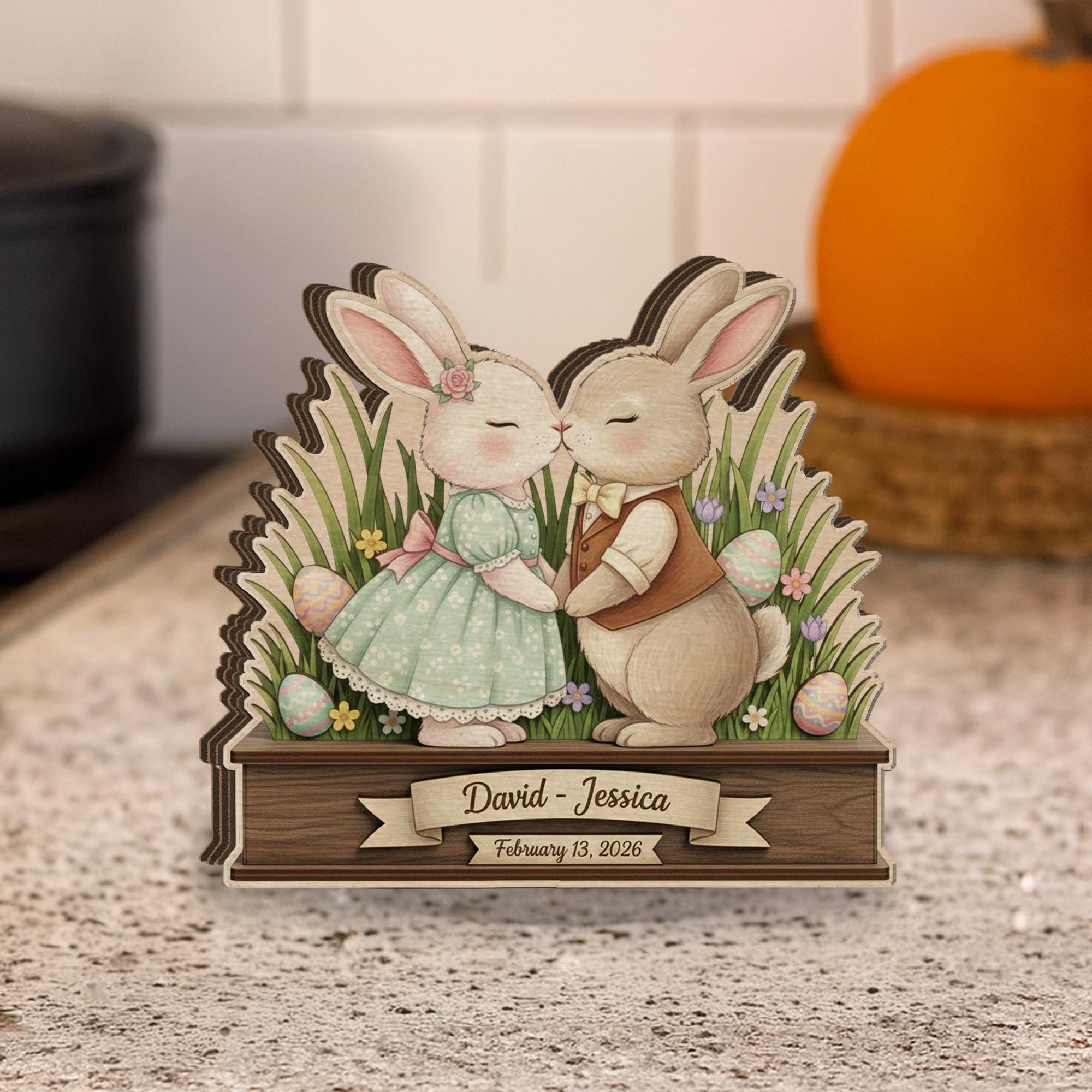 Personalized Wooden Block Easter Bunny Couple Decor, Layered Spring Rabbit Shelf Sign