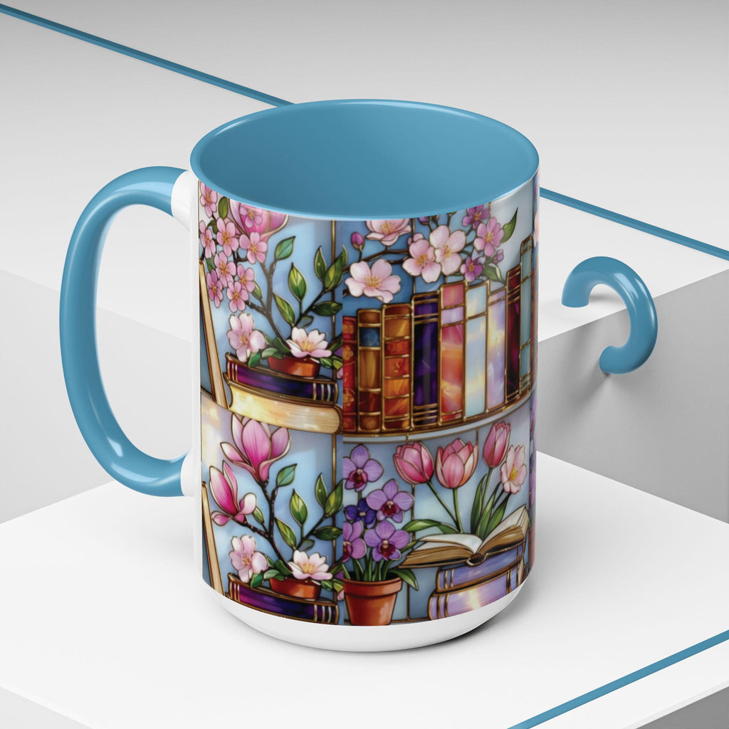 Book Lover Mug, Floral Bookshelf Coffee Mug, Gift for Readers, Stained Glass Style Mug, Bookish Aesthetic Mug, Library Coffee Cup