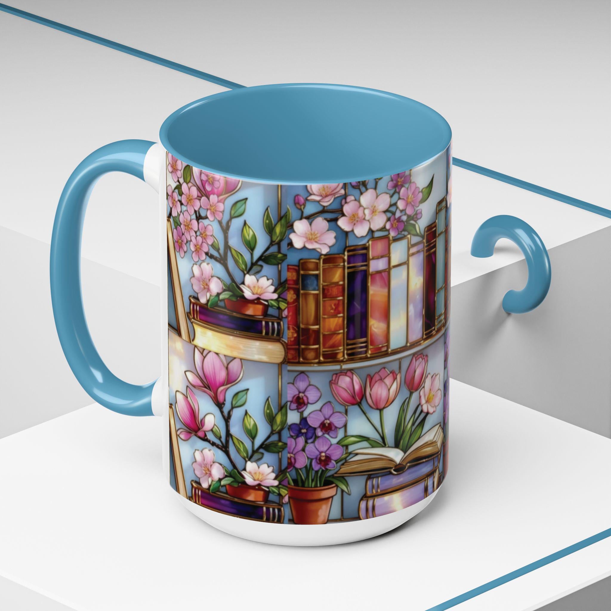 Book Lover Mug, Floral Bookshelf Coffee Mug, Gift for Readers, Stained Glass Style Mug, Bookish Aesthetic Mug, Library Coffee Cup