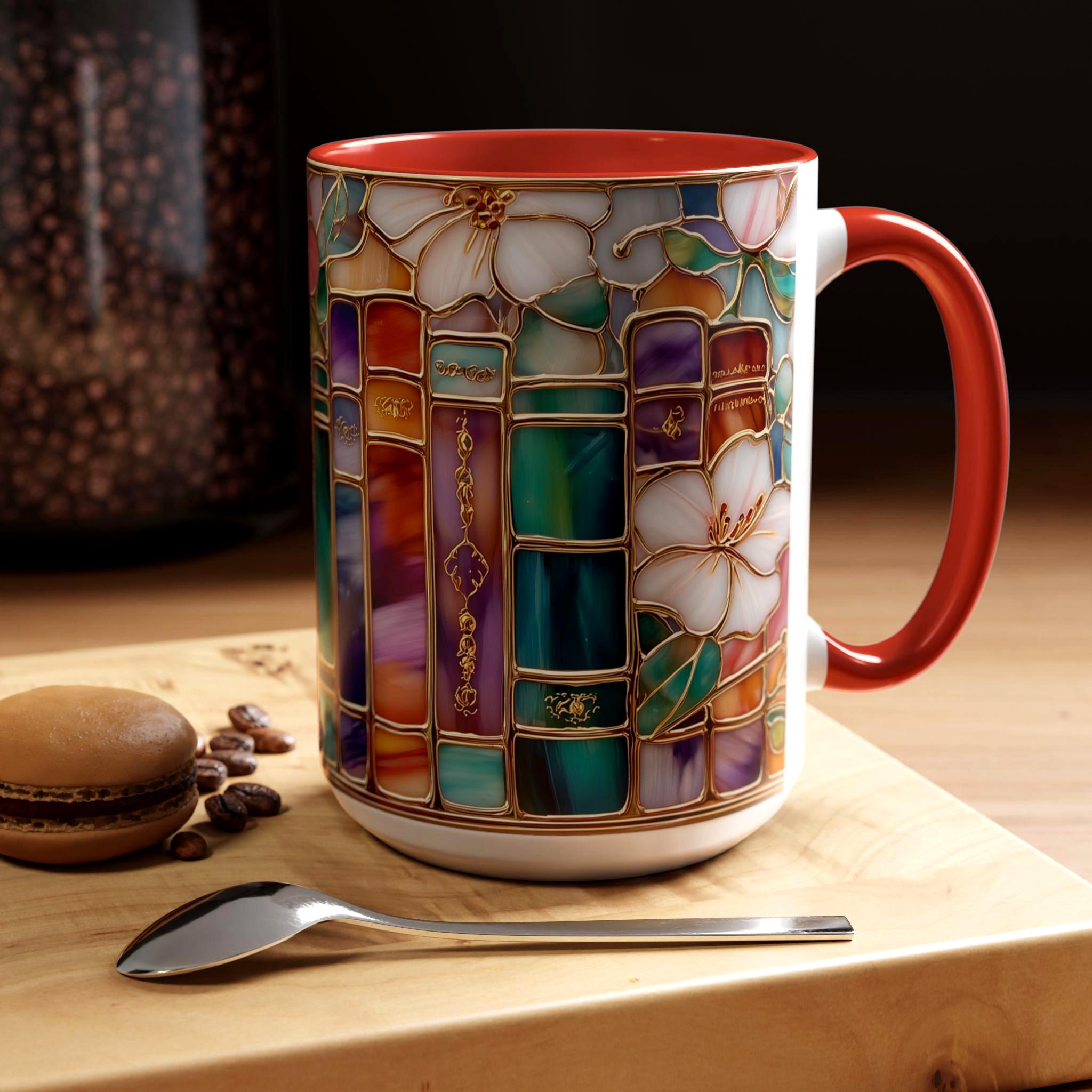 Stained Glass Print Book Mug_ Floral Library Coffee Cup, Book Lover Reading Nook Gift, Decorative Ceramic Mug – Unique Gift for Home & Office