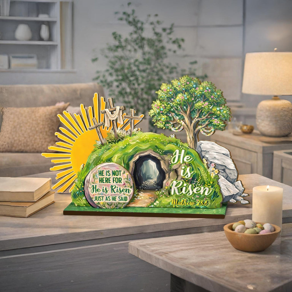 He is Risen Easte Wooden Block, Christian Resurrection Table Sign, Religious Home Decor Gift, Empty Tomb Cross Wood Shelf