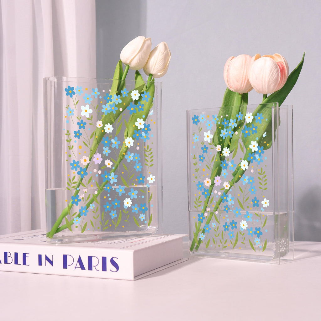 Blue Daisy Acrylic Book Vase, Wildflower Pattern Bookish Vase, Cottagecore Book Shaped Vase, Minimalist Flowers,custom Gift for Flower Lover