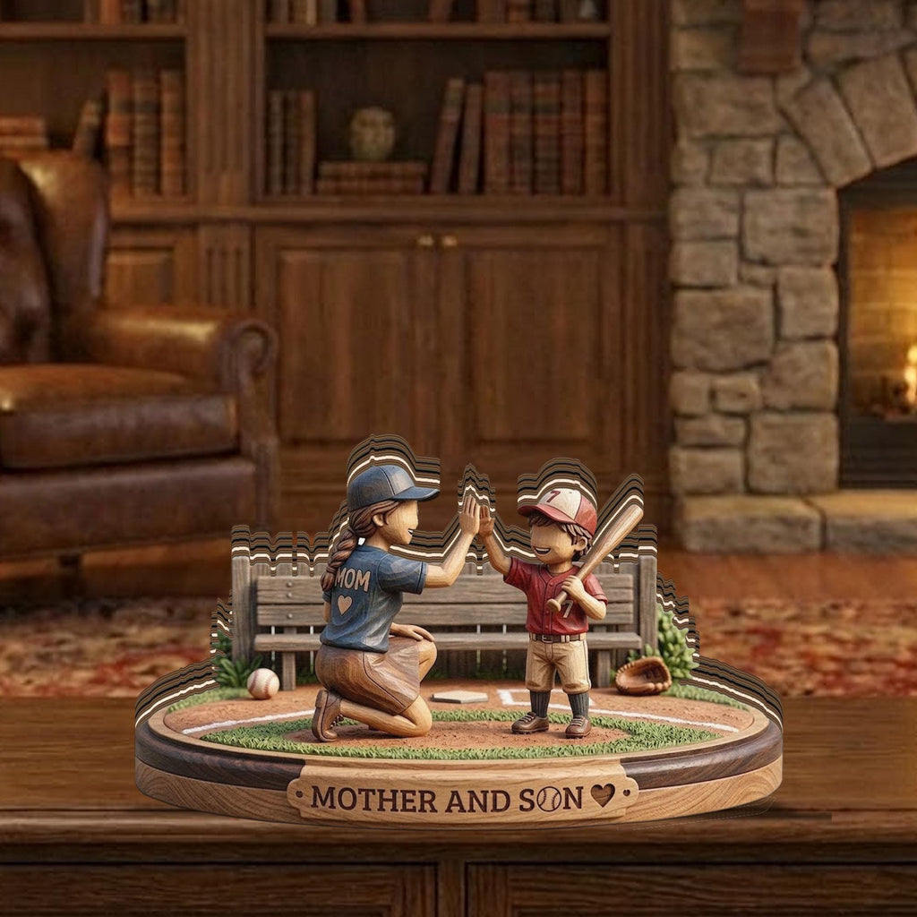 Personalized Mother and Son Baseball Figurine, Custom Name Wooden Plaque, Sports Mom Gift, Baseball Mom Keepsake, Gift for Mom From Son