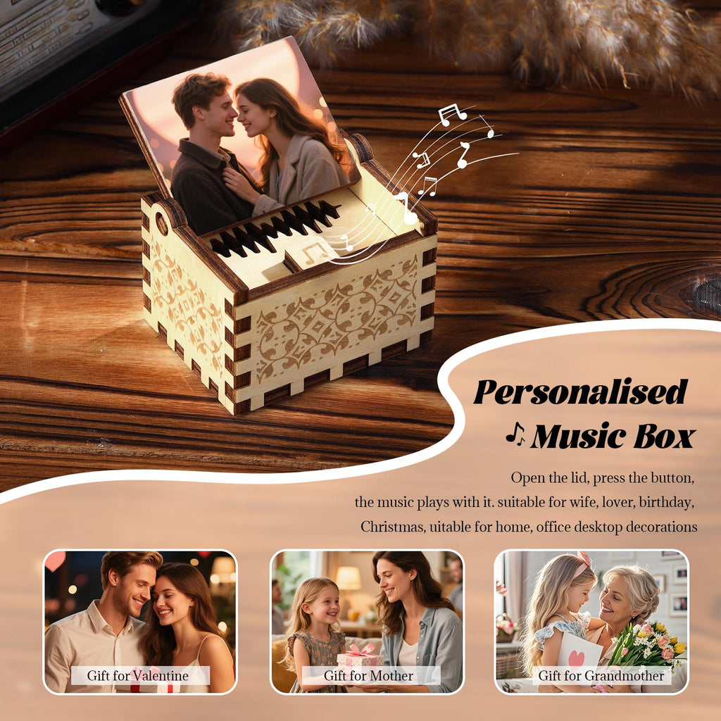 Personalized Wooden Music Box, Custom Photo & Song, Engraved “I Love You” Gift, Romantic Keepsake for Wife, Mom, Valentine’s Day