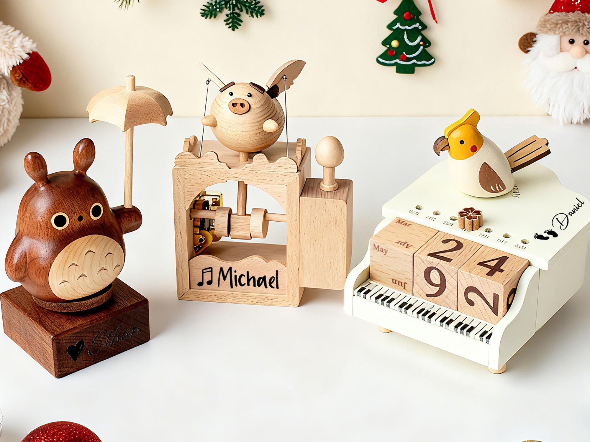 Personalized Wood Carving Handmade Music Box, Custom Flying Pig Musical Toy for Kids, Baby Shower Gifts, Piano Calendar Music Box