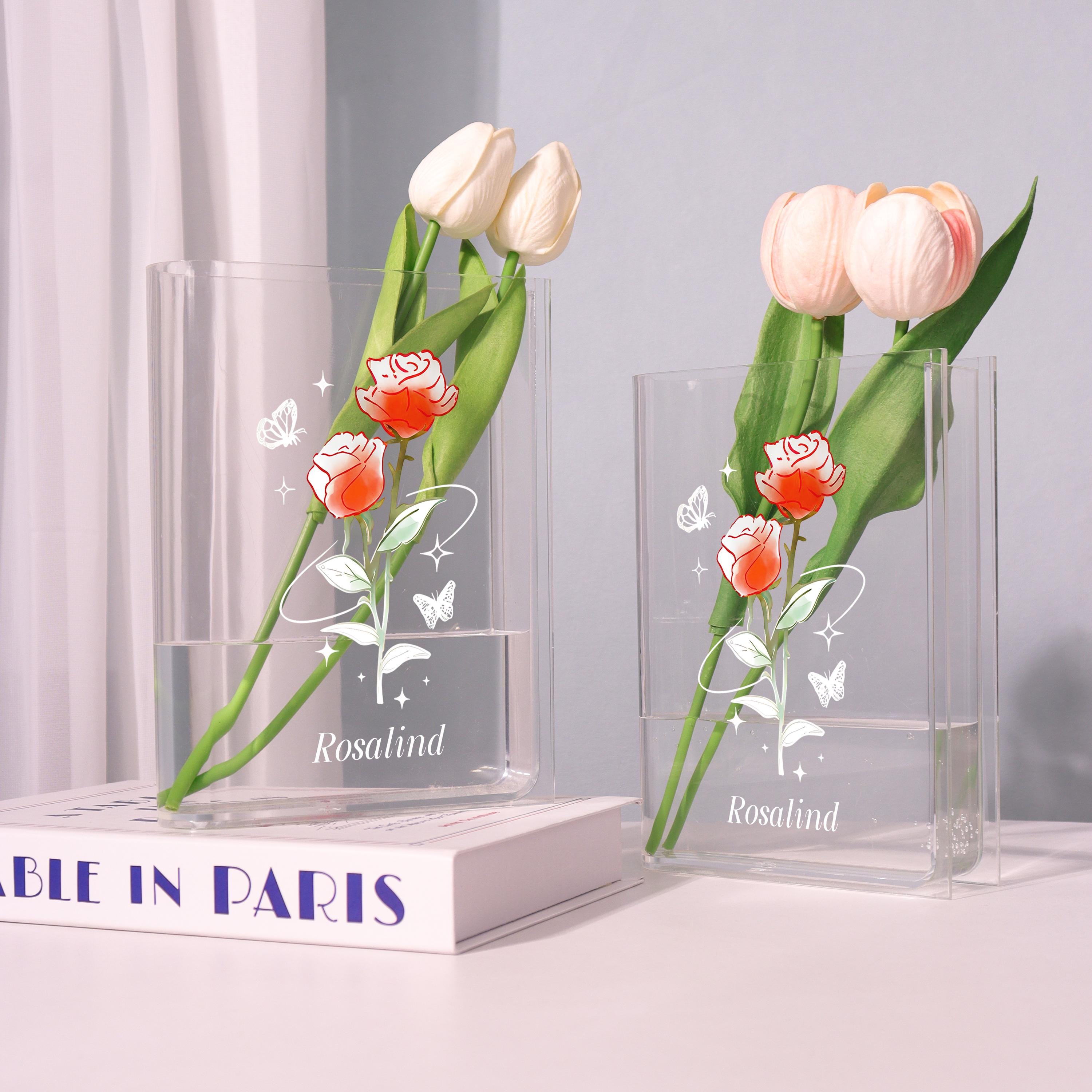Red Rose Acrylic Book Vase, Line-art Butterfly Bookish Vase, Fairy Tale Flower Book Shaped Vase, Minimalist Rose, Custom Gift for Book Lover